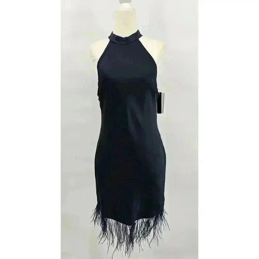 Xtraordinary Junior's M Midnight Blue Feather Trim Sleeveless Shift Dress NWT